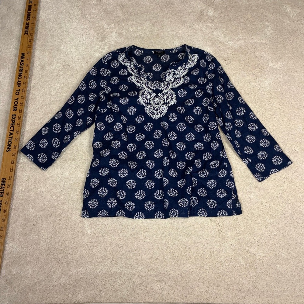 Talbots Petites Navy Blue White Embroidered Cotton Tunic Top Medallion Size MP